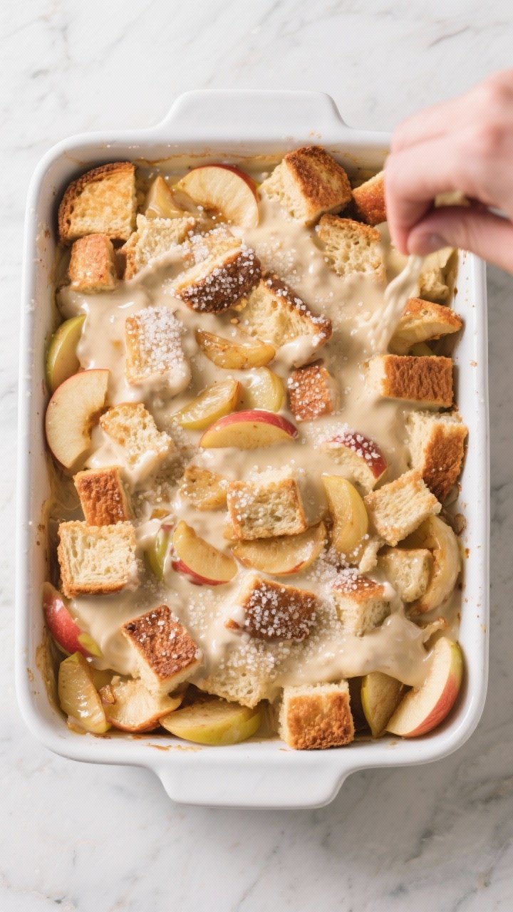 Cooking process: Overhead shot of the assembled Apple Cinnamon French Toast Bake in a 9x13 baking di