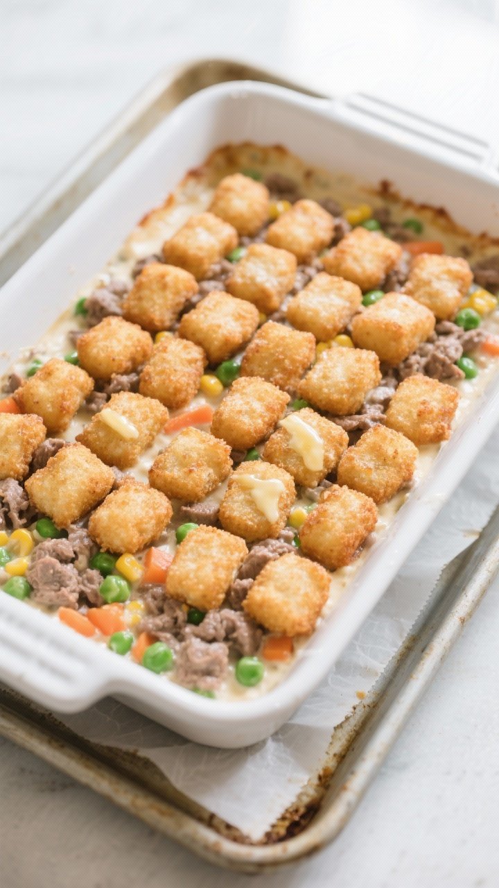 Cooking process: Overhead shot of the assembled casserole just before the first bake, showing an eve