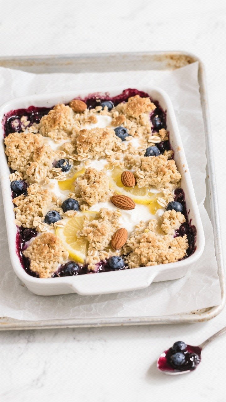 Cooking process: Overhead shot of the assembled cobbler before baking, showing rustic clumps of the 