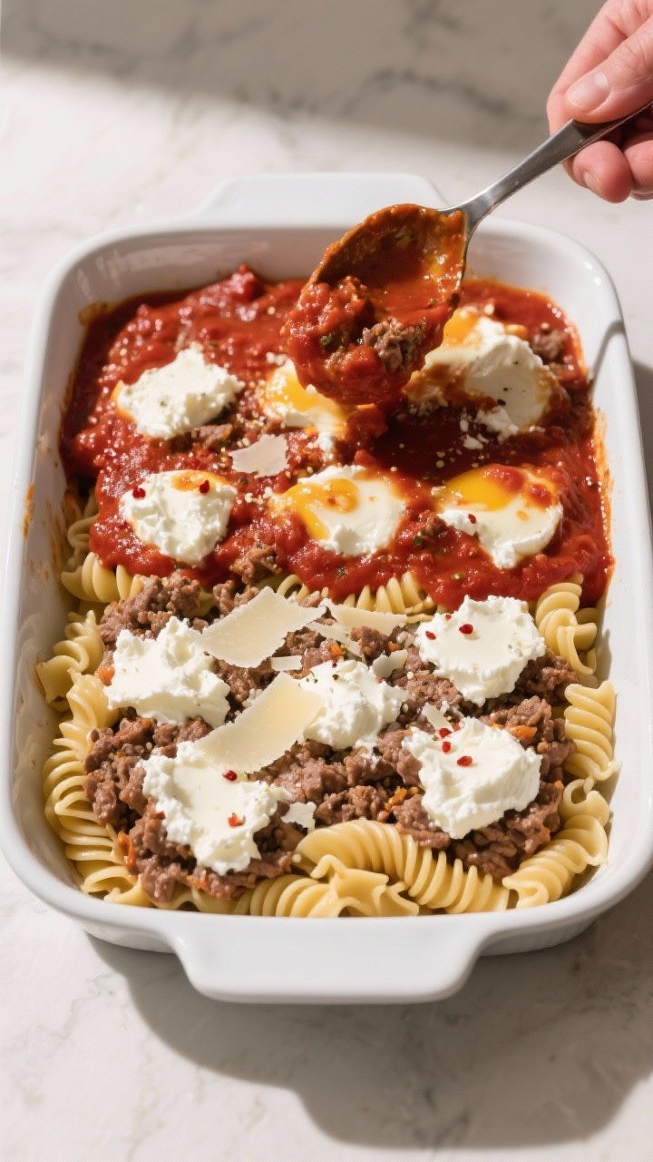 Cooking process: Overhead shot of the assembly stage in a clean casserole dish—half the pasta-meat