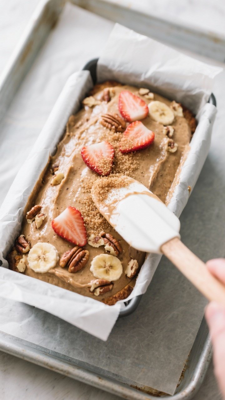 Cooking process: Overhead shot of the batter just poured into a parchment-lined loaf pan, top smooth