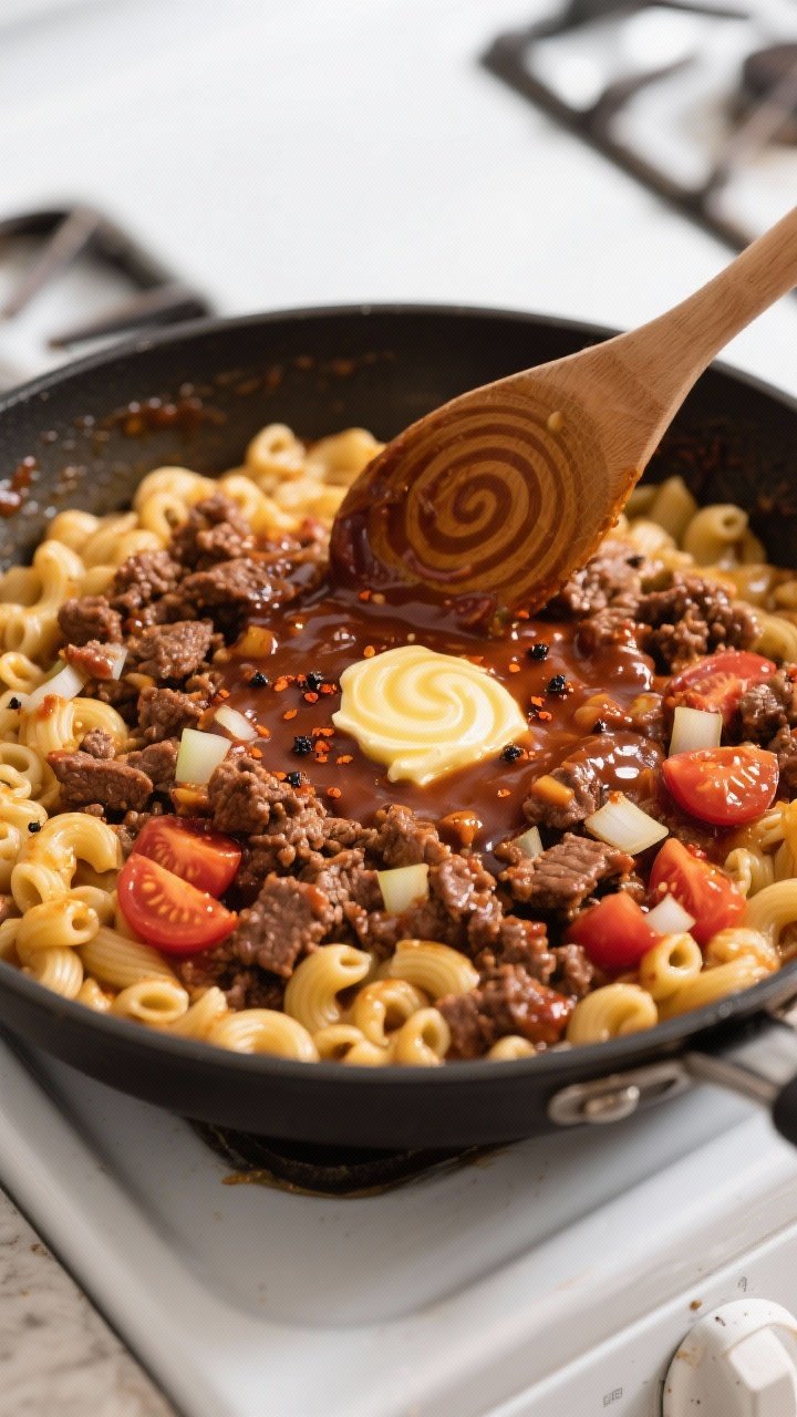 Cooking process: Overhead shot of the beef-and-BBQ sauce mixture being combined with just-under-al-d