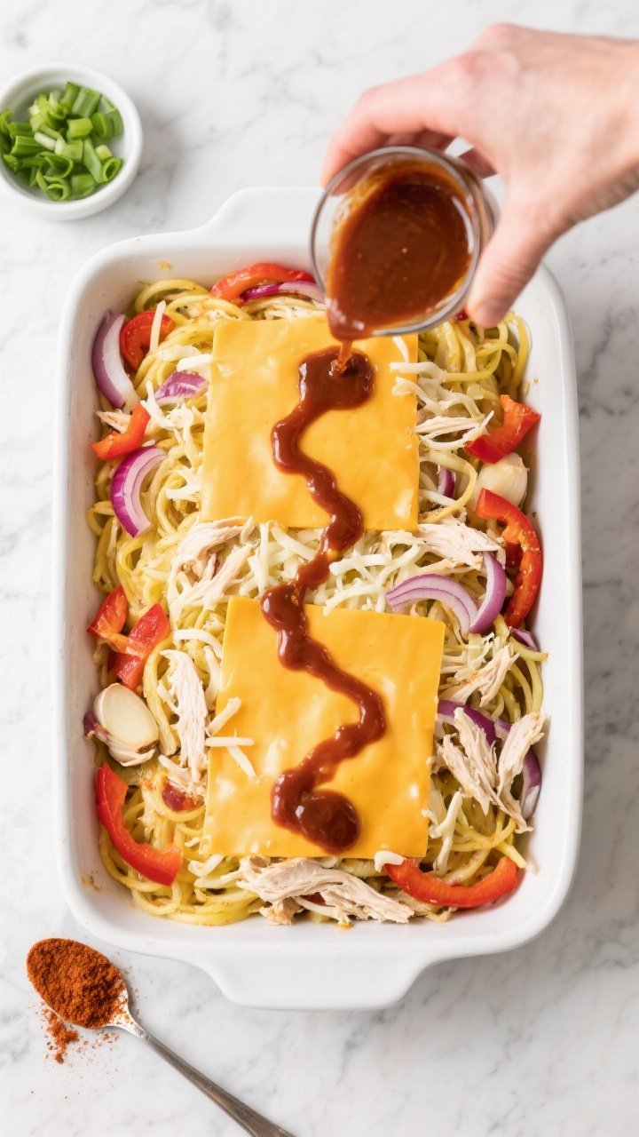 Cooking process: Overhead shot of the casserole being assembled in a 9x13 dish—spaghetti squash st