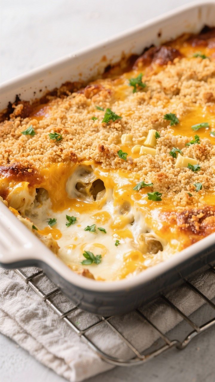 Cooking process: Overhead shot of the casserole just out of the oven in a 9x13 baking dish, edges bu