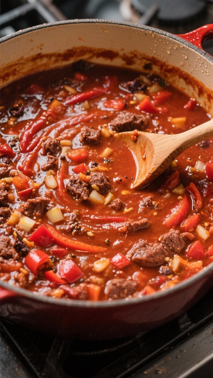 Cooking process: Overhead shot of the chili mid-simmer in a heavy pot, uncovered, showcasing a thick