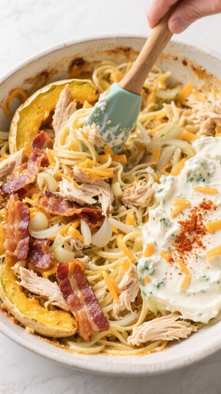 Cooking process: Overhead shot of the combined casserole mixture being gently folded in a large bowl