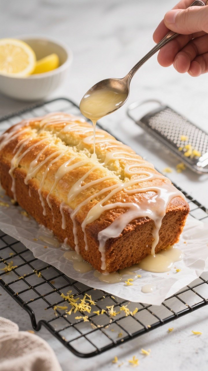 Cooking process: Overhead shot of the cooled loaf on a wire rack while the optional lemon glaze is b