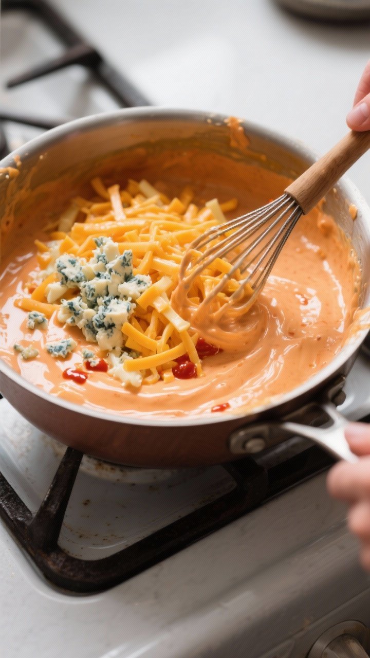 Cooking process: Overhead shot of the creamy base being whisked smooth in a saucepan—silky melted 