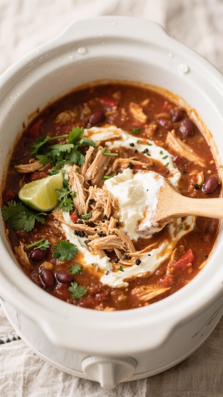 Cooking process: Overhead shot of the crockpot just after stirring in the dairy, showing the silky, 