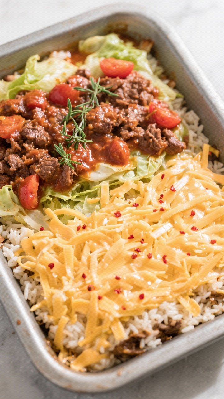 Cooking process: Overhead shot of the layered casserole just before it goes into the oven—first la