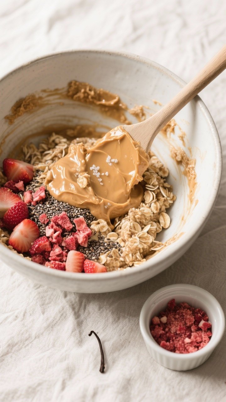 Cooking process: Overhead shot of the mixing bowl stage where the warm glossy binder (almond butter,