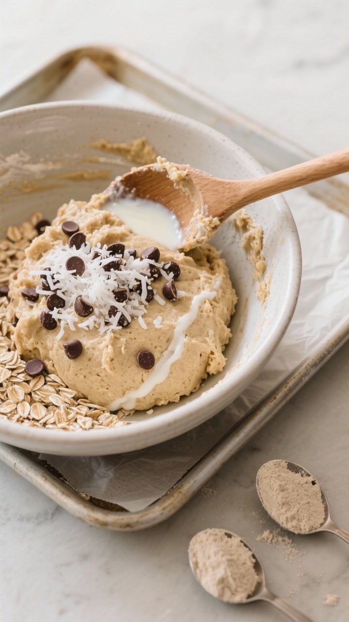 Cooking process: Overhead shot of the mixing bowl moment right after “Adjust texture”—a cohesi