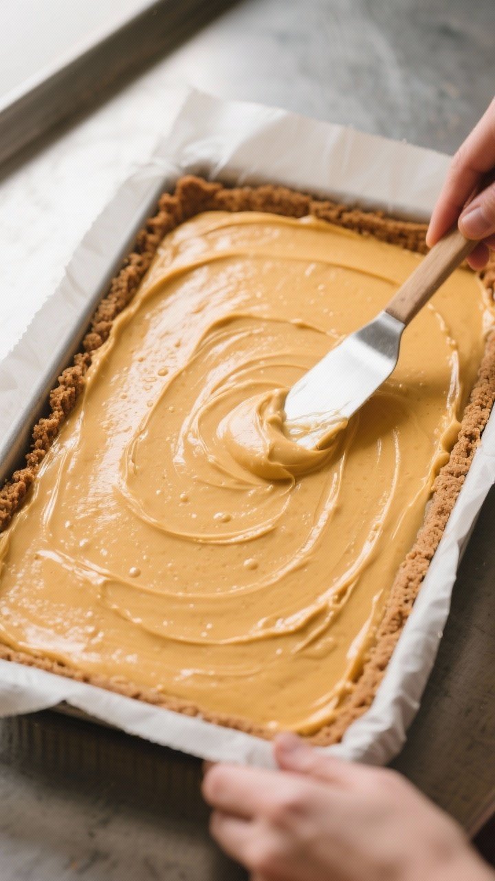 Cooking process: Overhead shot of the par-baked graham crust in a parchment-lined 9x13 pan with the 