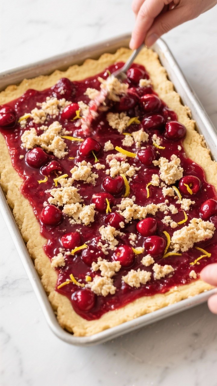Cooking process: Overhead shot of the par-baked shortbread base in a 9x13 pan being layered with the
