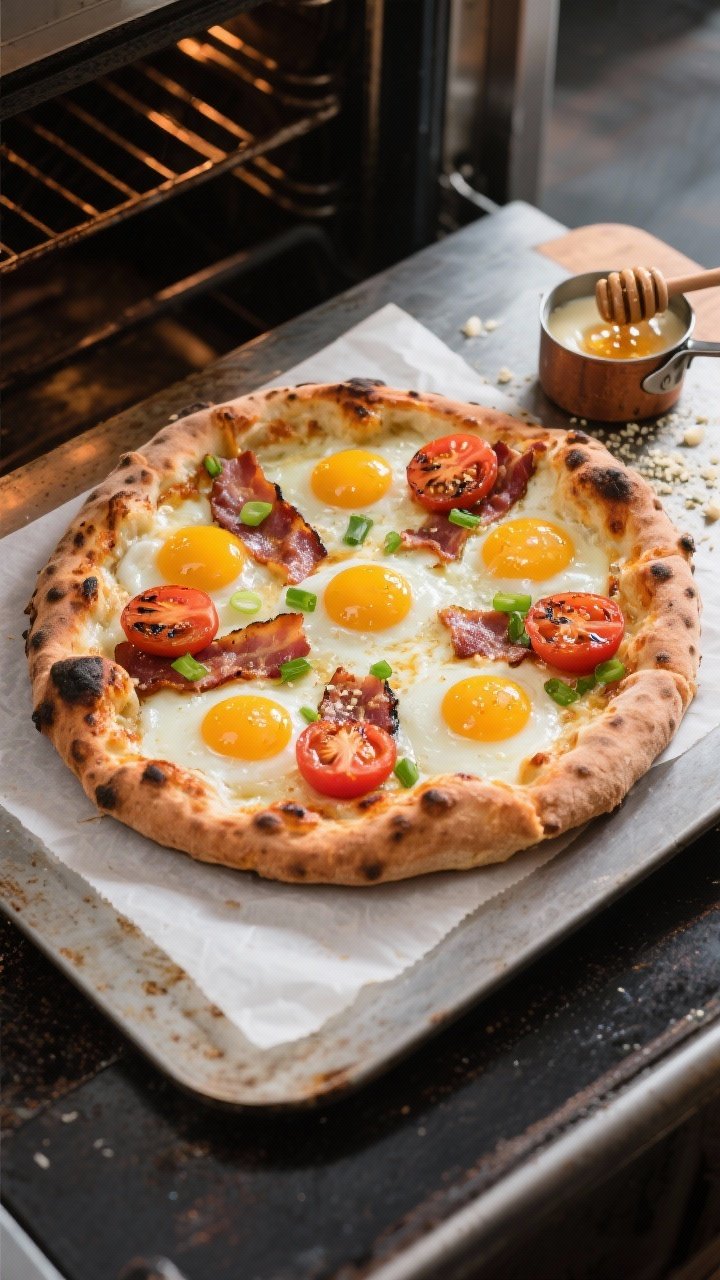 Cooking process: Overhead shot of the pizza just out of a screaming-hot oven on a preheated steel, c