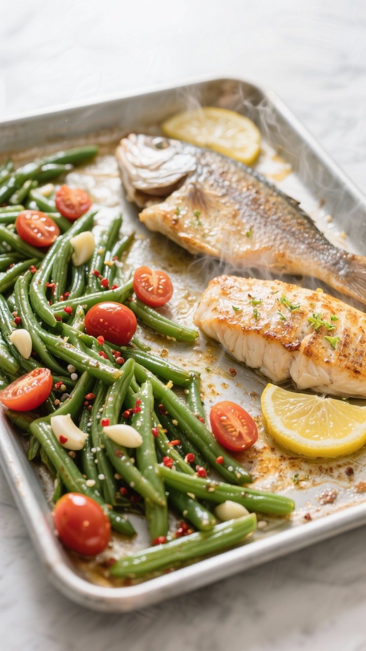 Cooking process: Overhead shot of the sheet-pan dinner mid-roast at 425°F, showing tilapia fillets
