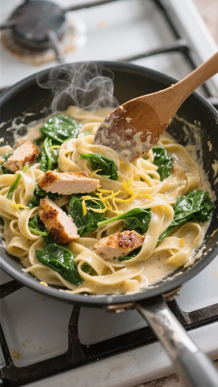 Cooking process: Overhead shot of the skillet moment where the pasta, reserved chicken, and a splash