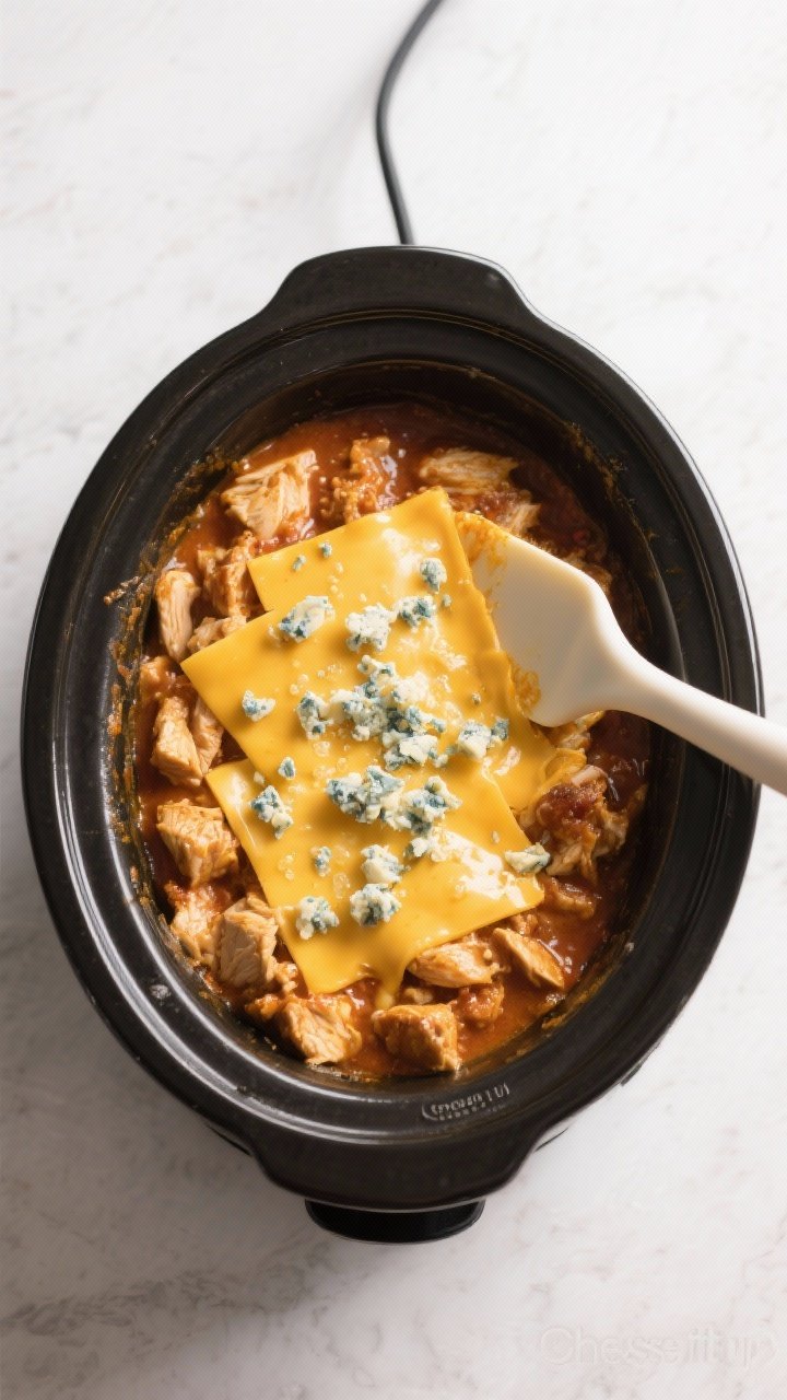 Cooking process: Overhead shot of the slow cooker during the “Cheese it up” step—saucy, fully 