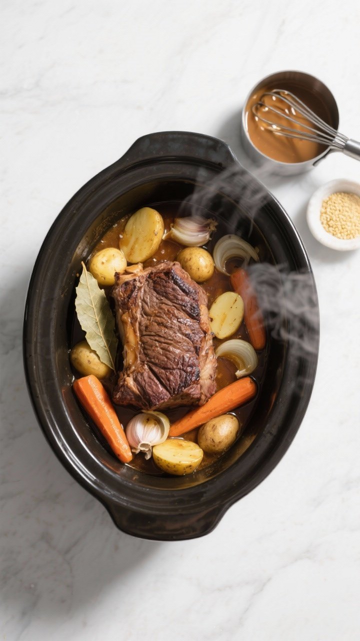 Cooking process: Overhead shot of the slow cooker insert right after the roast is rested and vegetab