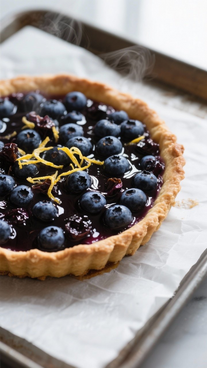 Cooking process: Overhead shot of the tart just out of the oven, glossy blueberry filling bubbling a