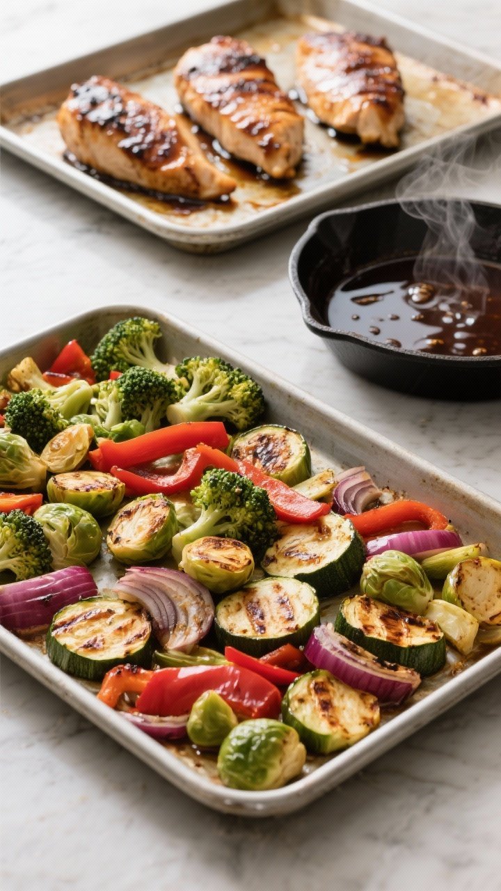 Cooking process: Overhead shot of two sheet pans just out of the oven—one with roasted veggie medl
