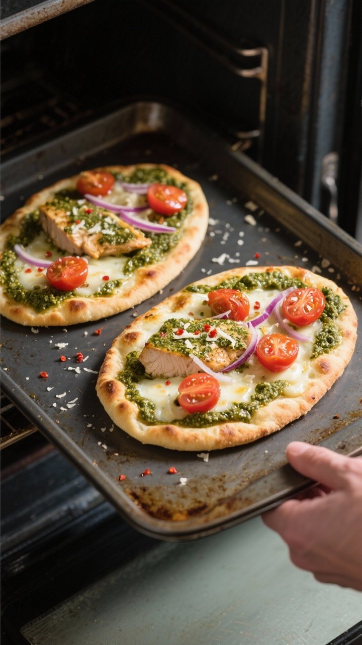 Cooking process, overhead shot: Two pesto-coated chicken flatbreads sliding onto a preheated, dark m