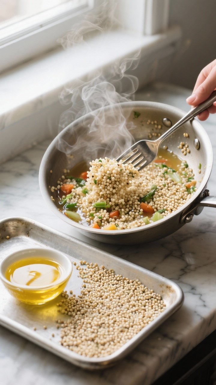Cooking process – quinoa perfection: Steaming-hot, just-cooked quinoa being fluffed with a fork in