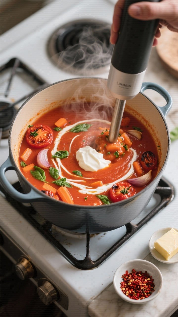 Cooking process: Roasted tomato basil soup base simmering in a Dutch oven—roasted tomato, onion, c