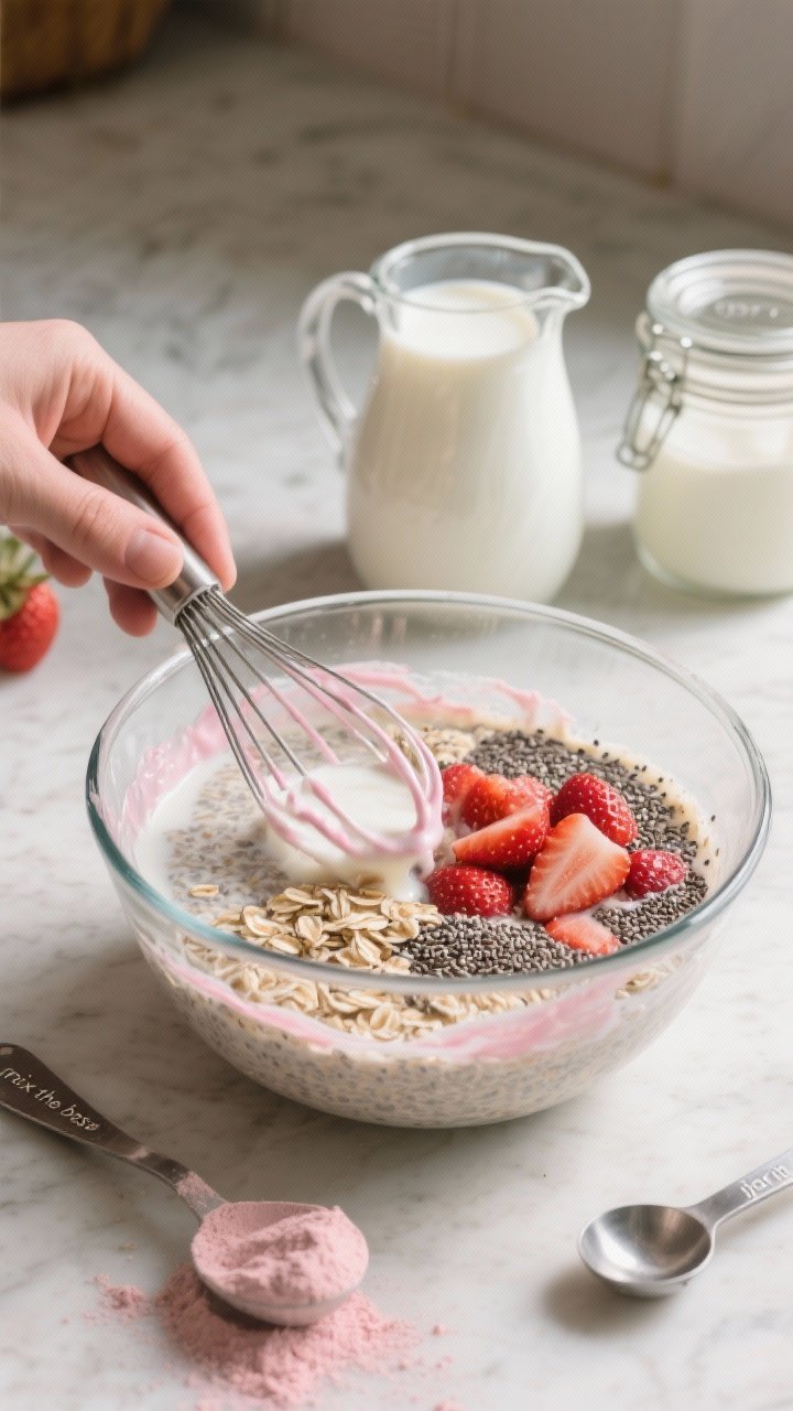 Cooking process scene: The “mix the base” step captured mid-action (no hands visible)—oats and