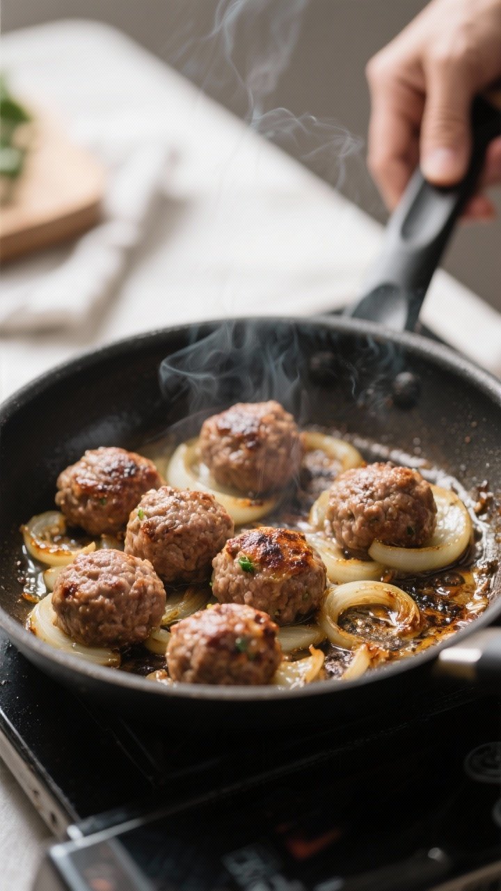 Cooking process: Sear stage of French Onion Meatballs—