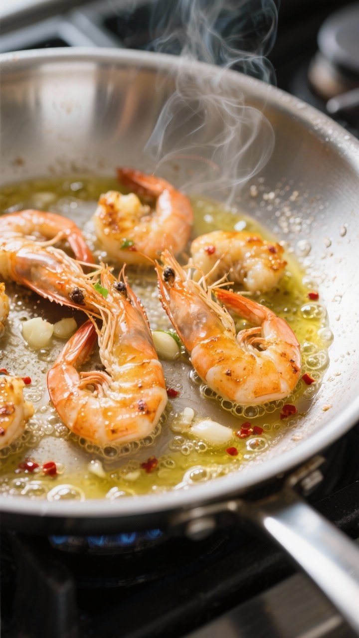 Cooking process — Searing shrimp for scampi: Close-up of golden, lightly browned large shrimp sizz
