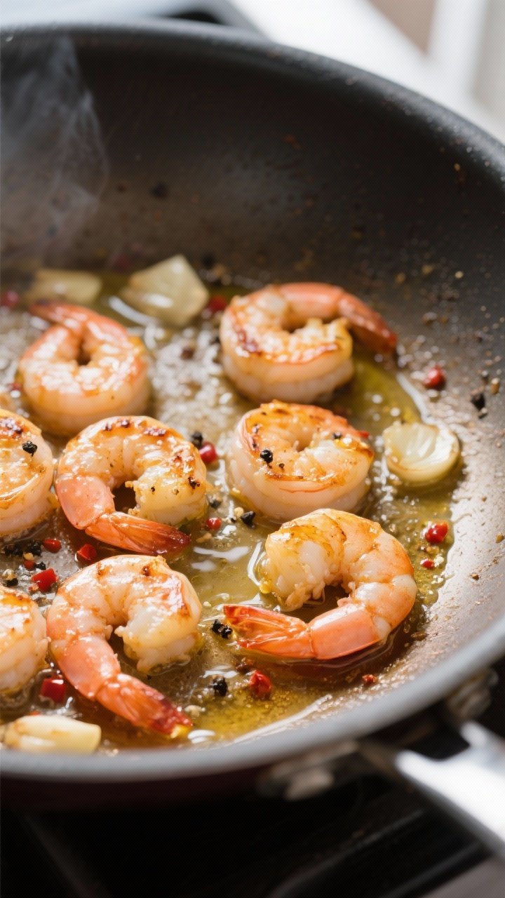 Cooking process – Searing shrimp: Medium-close shot of golden-seared shrimp in a large stainless s