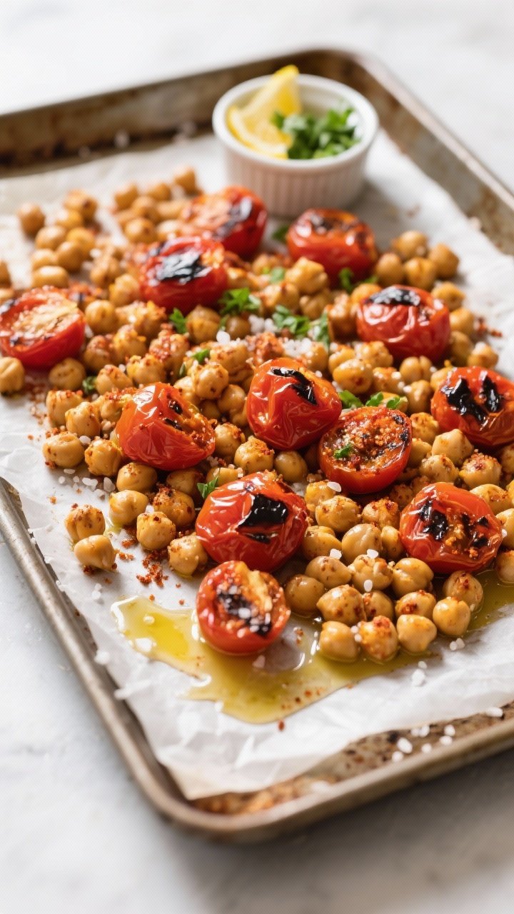 Cooking process: Sheet pan with crispy roasted chickpeas and blistered cherry tomatoes just out of t