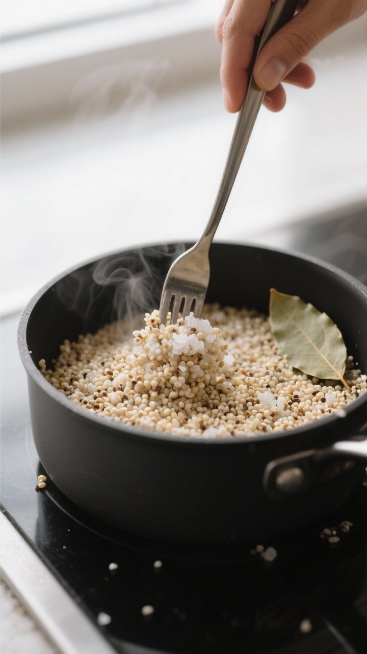 Cooking process shot: Fluffy quinoa being fluffed with a fork in a matte black saucepan after steami