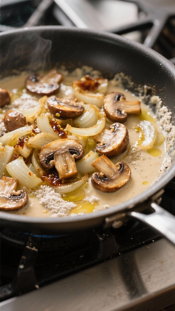 Cooking process shot: Mushrooms and onions being sautéed to deep golden in a wide stainless skillet