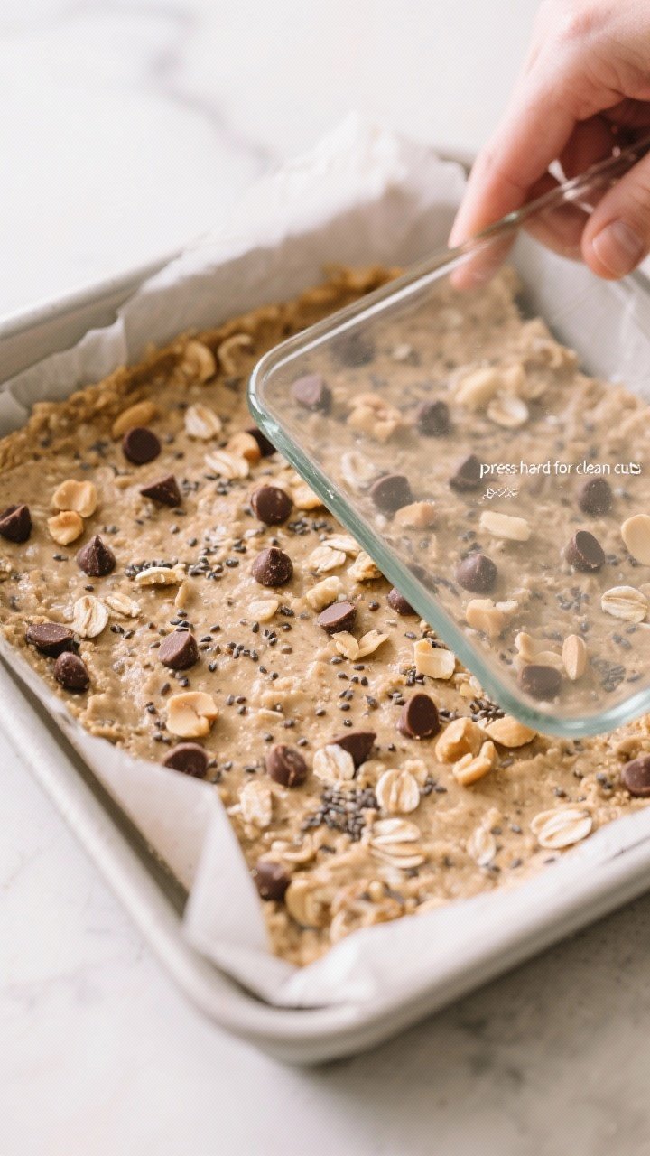 Cooking process shot: Overhead view of the bar mixture being firmly pressed into a parchment-lined 8