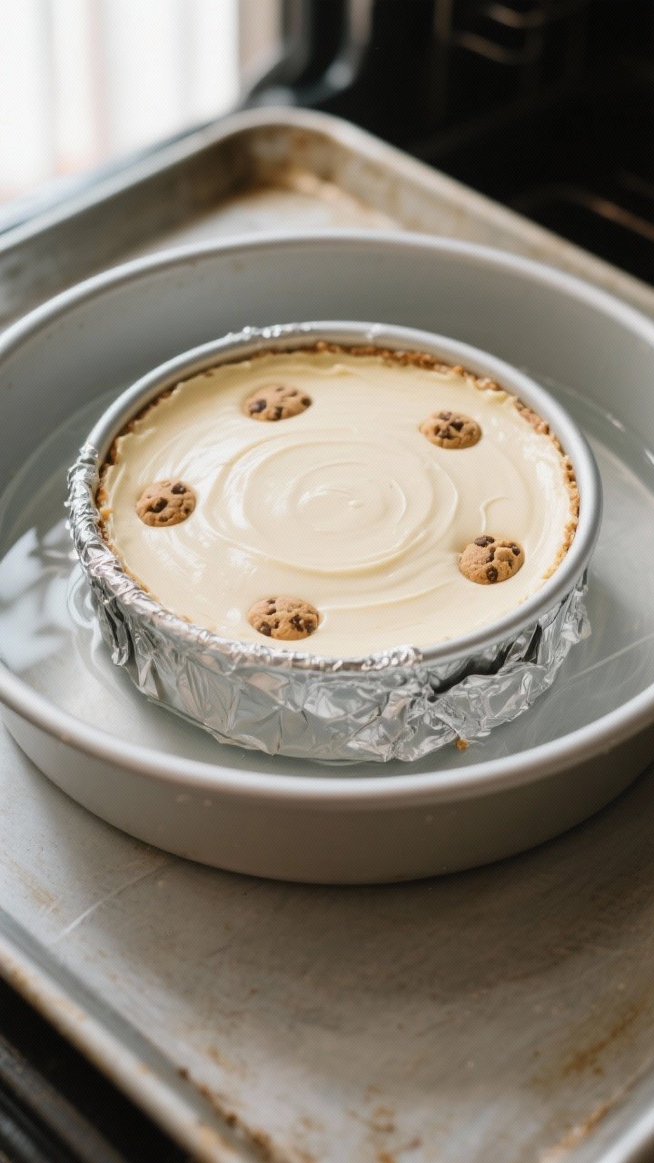 Cooking process shot: Overhead view of the cheesecake in a 9-inch springform pan resting in a water