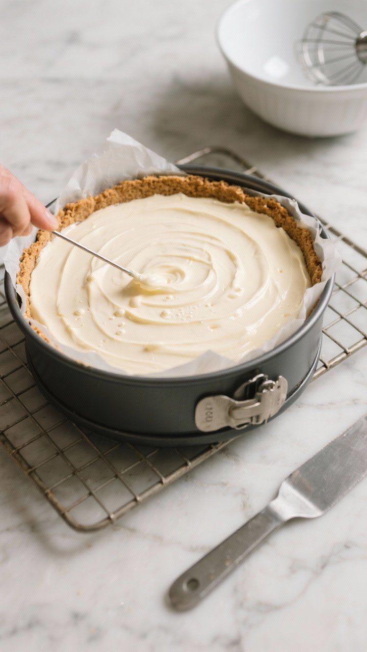 Cooking process shot: Overhead view of the pre-baked graham crust being filled with the ultra-smooth