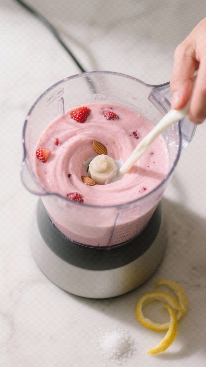 Cooking process shot: Overhead view of the shake mid-blend in a high-speed blender jar, showing silk