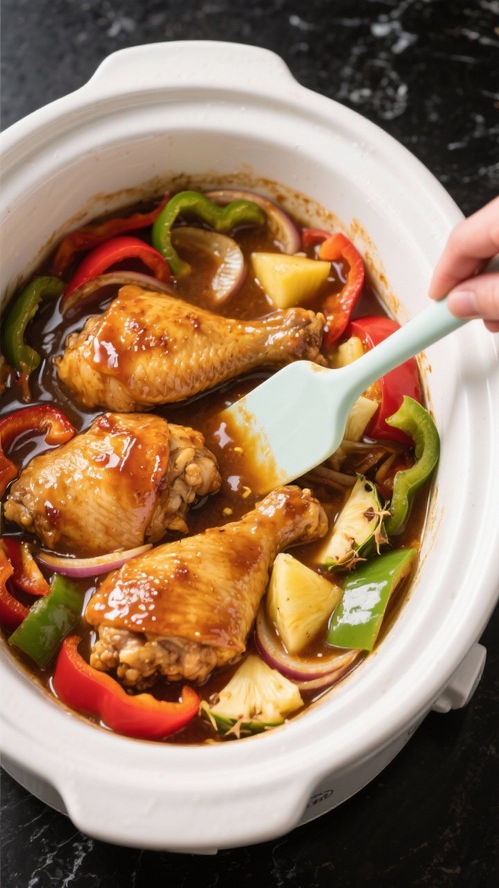 Cooking process shot: Overhead view of the slow cooker in the last 15 minutes as the cornstarch slur