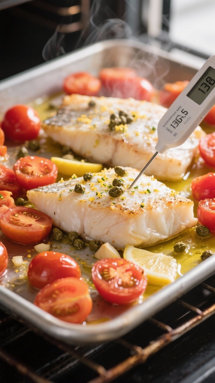 Cooking process shot: sheet-pan scene mid-bake at 400°F showing cod fillets nestled among halved ch