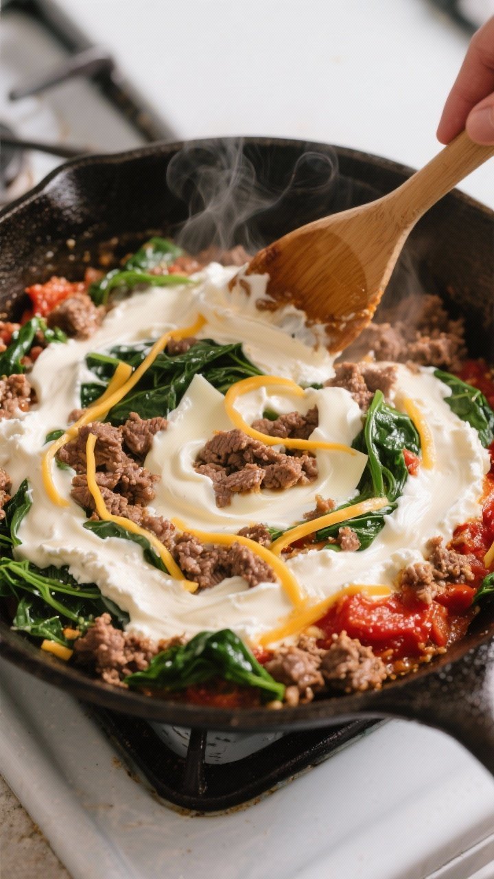 Cooking process shot: Skillet scene of the creamy beef-and-spinach mixture right before assembly—r
