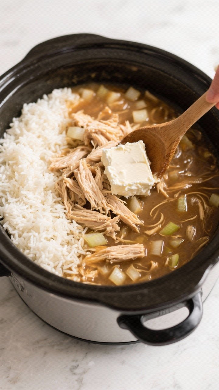 Cooking process: Shredded chicken being folded back into the slow cooker with cream cheese melting i