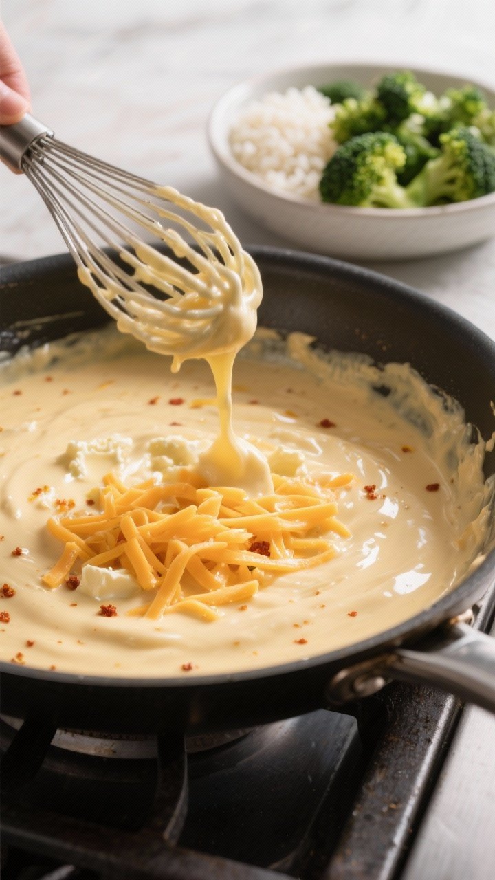 Cooking process: Silky cheese sauce being whisked to perfection in a large skillet—glossy and thic