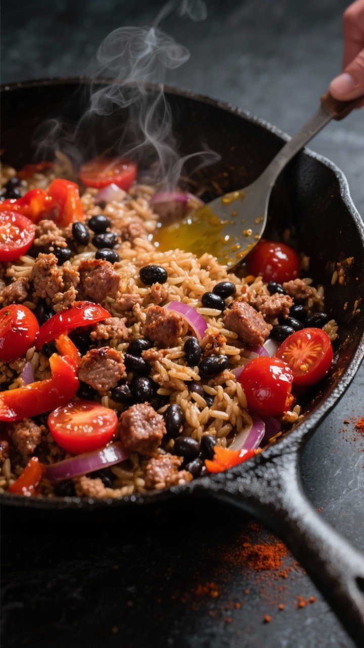 Cooking process, skillet scene: Turkey sausage crumbles browning with sautéed red onion and red bel