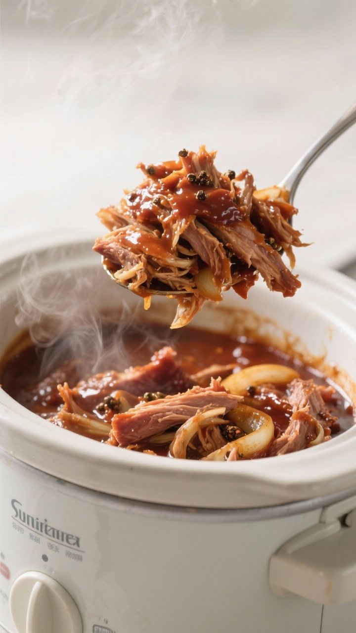 Cooking process: Slow cooker just opened, shredded pork returned to the pot and tossed with defatted