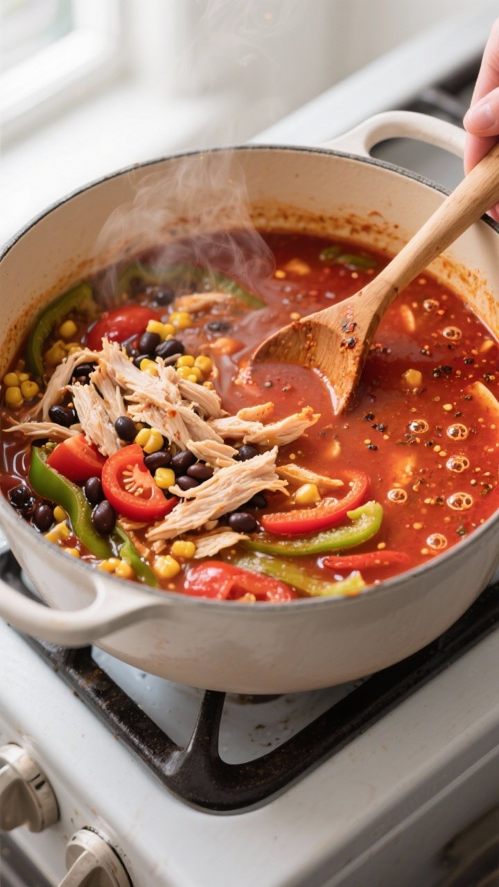 Cooking process: Steaming pot of spicy chicken tortilla soup mid-simmer, overhead shot capturing glo