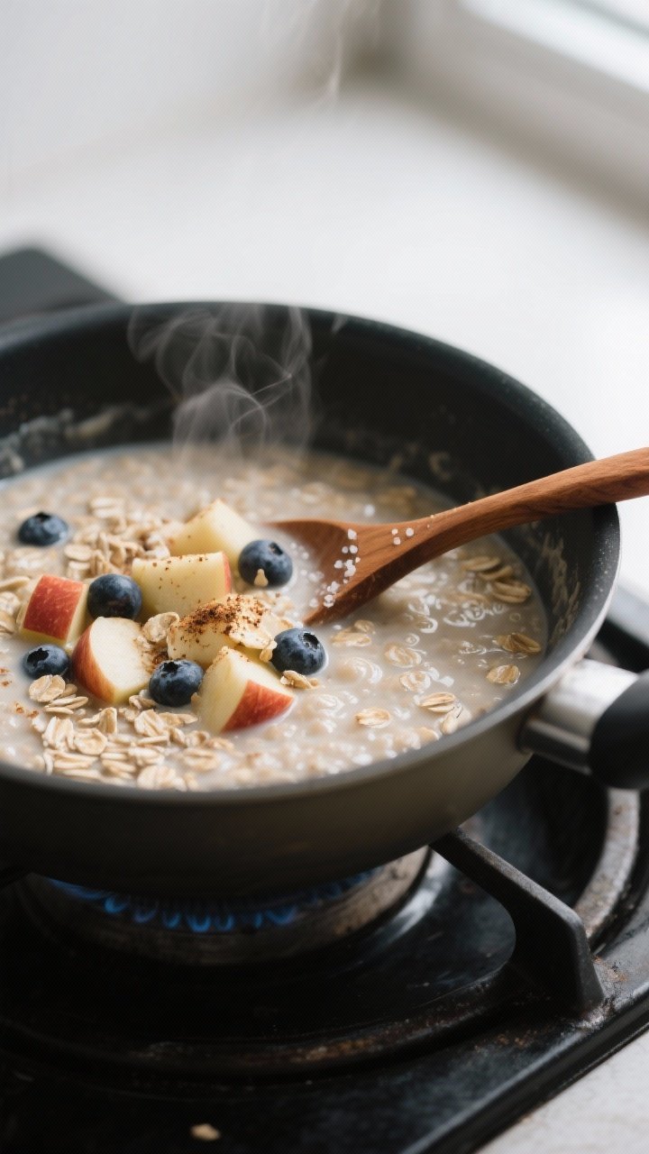 Cooking process, stovetop: A small pot of simmering apple cinnamon oatmeal on low heat just before p