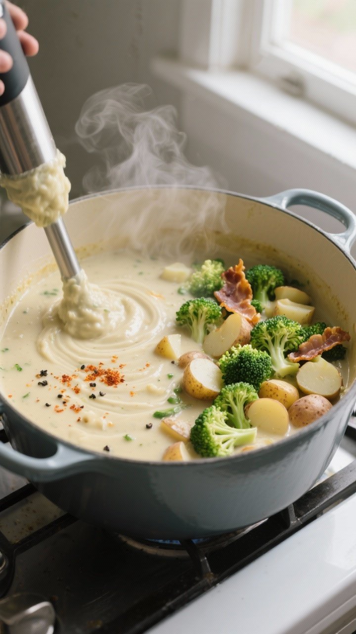 Cooking process, stovetop action: A large Dutch oven of loaded broccoli potato soup mid-cook, half-b