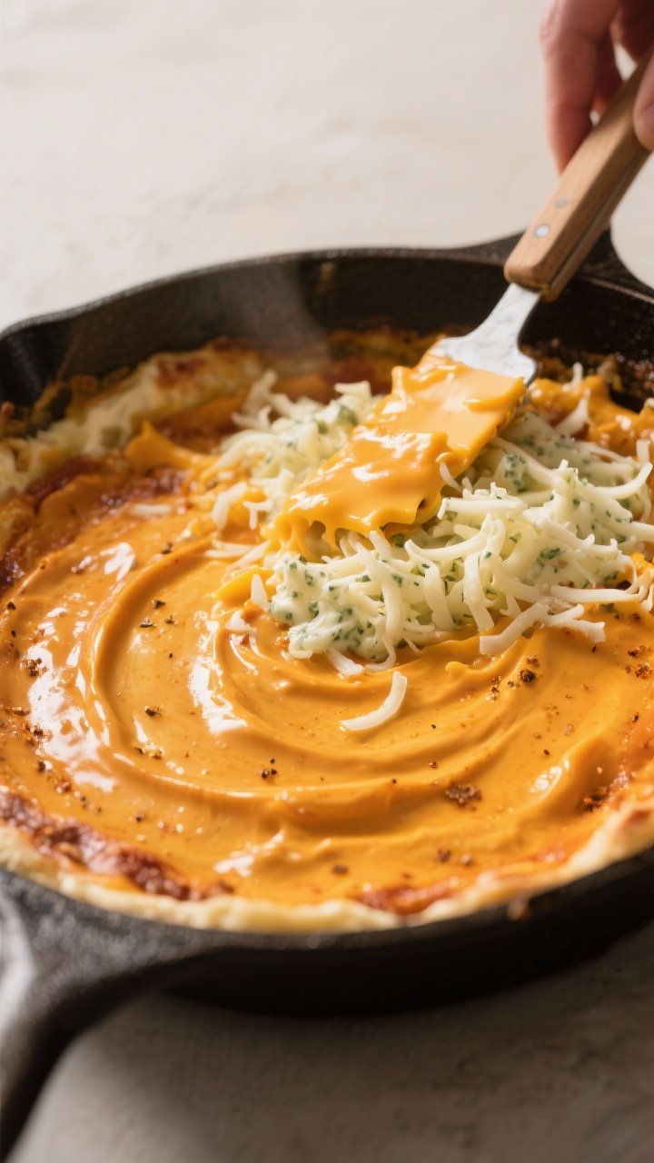 Cooking process: The “cheese layer one” moment in an oven-safe skillet—silky orange-gold base 